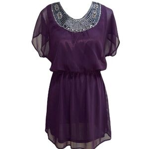 Purple Eggplant Embellished Satin Chiffon Dress Lined Special Occasion Sz S